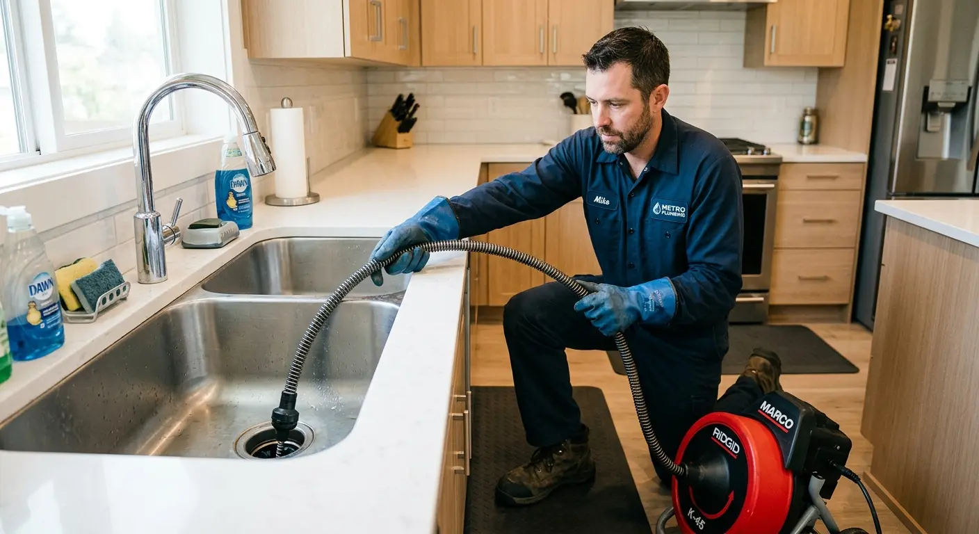 Drain cleaning technician using a motorized snake on a kitchen sink in Toronto