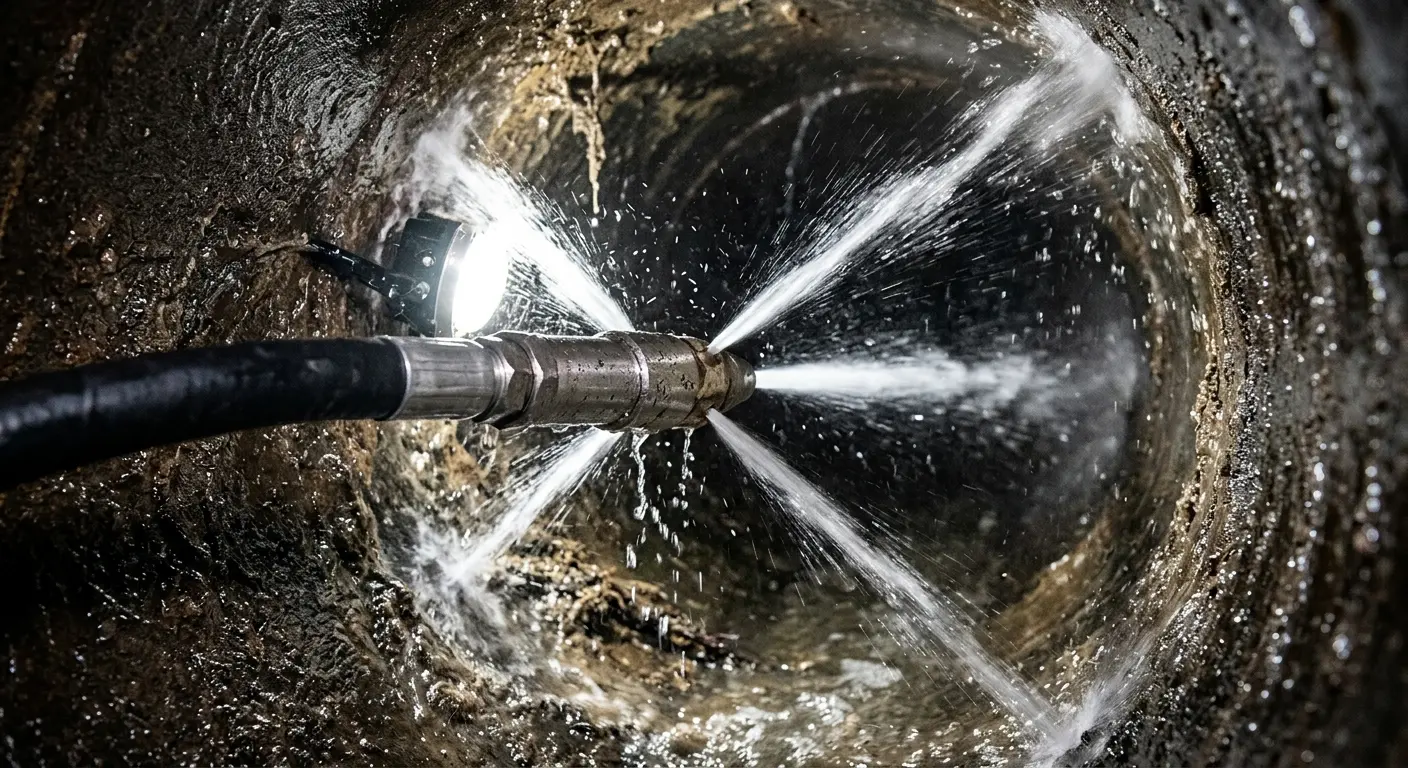 High-pressure hydro jetting nozzle cleaning sewer pipe for Emergency Drain Service in Toronto