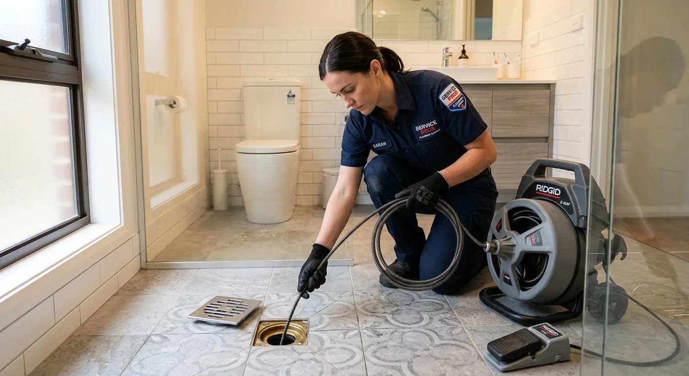 Technician clearing a bathroom floor drain for Drain Cleaning in Toronto